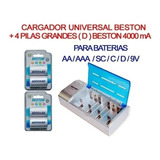 Combo Cargador Beston Universal + 4 Baterías D Grande 4000ma