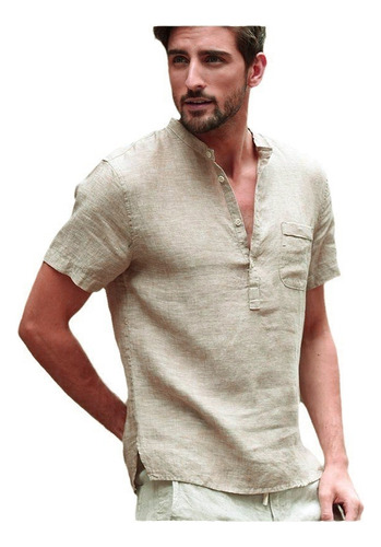 Camisa Casual De Lino De Manga Corta Ajustada Para Hombre