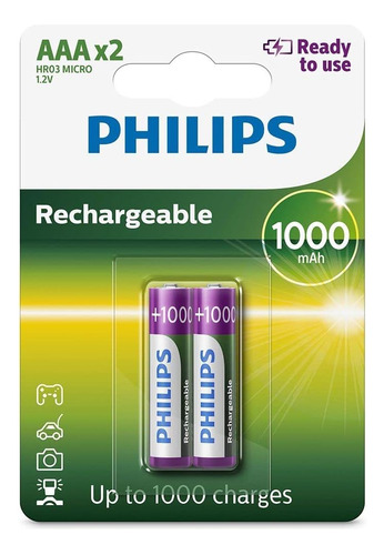 Pilha Recarregável Philips Palito Aaa C/2 1000mah