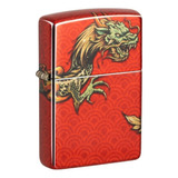 Encendedor Zippo Rojo Con Logo Y Dragon Dorado