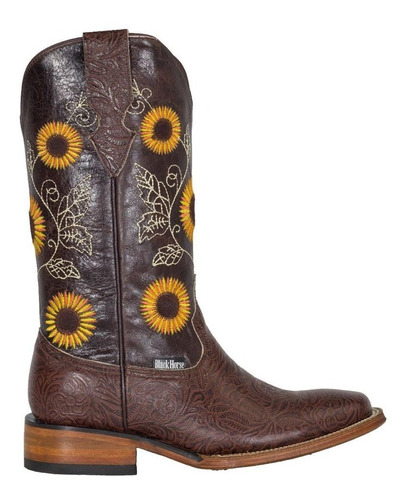 Bota Vaquera Para Dama,  De Piel,  Con Bordado De Girasoles.