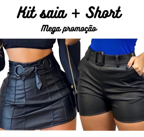 Kit Saia E Short Cinto Fivela Cirrê Imita Couro Feminina