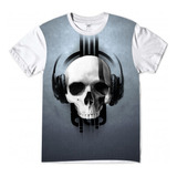 Camiseta Caveira Fone Ouvido Skull Headphone Musica Branca