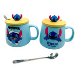 Mug Tazas De Stitch Disney + Tapa Madera Y Cuchara
