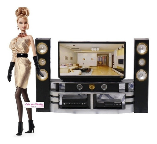 Televisão Rack Som Para Casa De Bonecas Barbie Susi Cenário