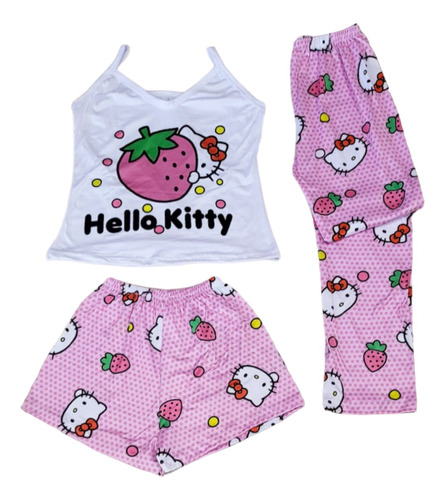 Pijama Kitty Fresa 3 Pzas Blusa Tirantes Short Pantalón Elc