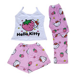 Pijama Kitty Fresa 3 Pzas Blusa Tirantes Short Pantalón Elc