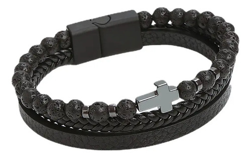Elegante Pulsera Piel Trenzado Cruz Acero Inoxidable B823