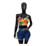 Cropped De Amarrar Flores E Shorts Jeans Cintura Alta