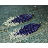 Aretes En Mostacilla Checa Flequillos Largos Azules