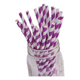 25 Popotes De Papel Con Diseño De Rayas Morado Con Blanco 