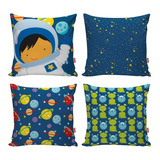 Kit 4 Capas Almofada Decorativa Astronauta Quarto Infantil 