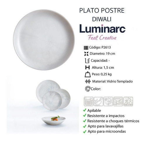 Plato Postre 19 Cm Luminarc Modelo Diwali Vidrio Templado 
