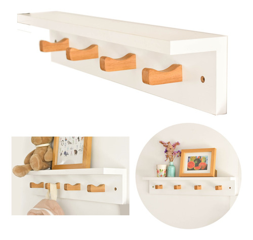 Perchero Nordico De Pared Con Estante 60cm 4 Ganchos Madera