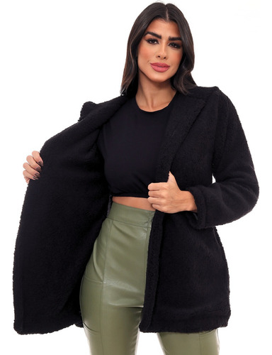 Casaco Parka Teddy Feminina Pelo Sintético Preto Com Capuz 