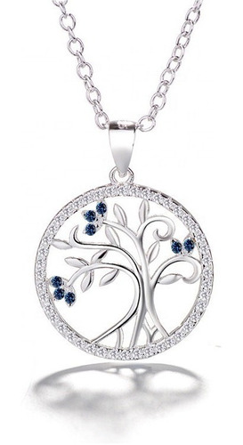 Collar Con Colgante Plata S 925 Árbol De La Vida Circón Azul