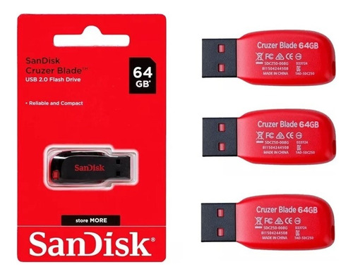  3 Pendrive Sandisk Cruzer Blade 64gb 2.0 Preto E Vermelho