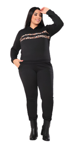 Conjunto Em Malha Crepe Manga Longa Com Oncinha Plus Size