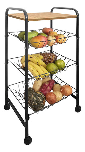 Fruteira De Chão Cesta De Frutas Aramada Com Rodas Cozinha Cor Preto/itaúba