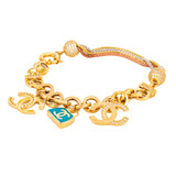 Pulsera Circonias Con Dijes En Oro De 14 K. Oro Fino Joyería