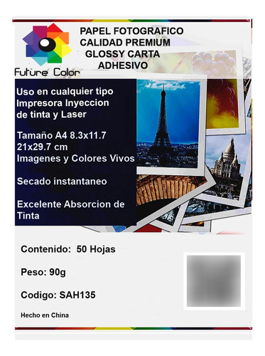Future Color Papel Fotográfico A4 Glossy Adhesivo 50h  90gms