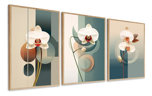 Kit Quadros Decorativos Flores Orquídea Abstrato Com Moldura