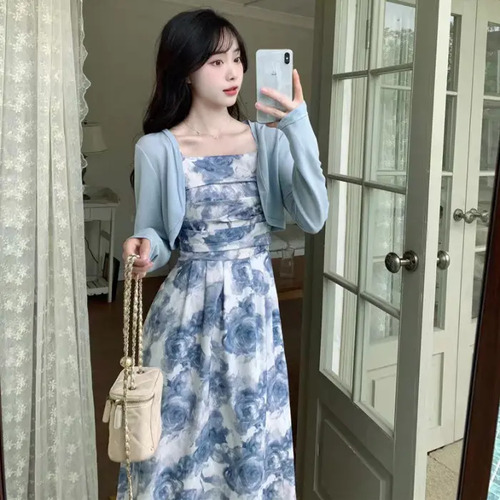 Conjunto De Cárdigan De Vestido Floral De Estilo Coreano