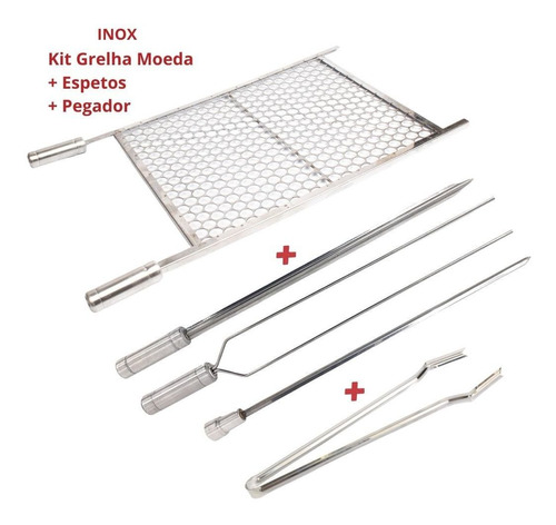 Kit Grelha Inox 70x50 E 3 Espetos 70cm E Pegador Carnes Inox