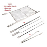 Kit Grelha Inox 70x50 E 3 Espetos 70cm E Pegador Carnes Inox