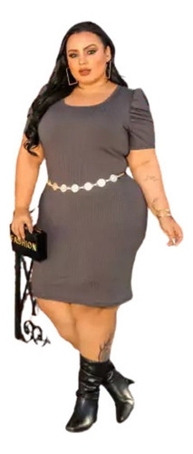 Vestido Plus Size Chumbo Manga Bufante