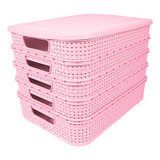 Kit Com 5 Caixas Organizadora Grande Rattan Rosa Princesa