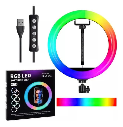 Aro De Luz Rgb Multicolor 26 Cm Profesional + Tripode 2m