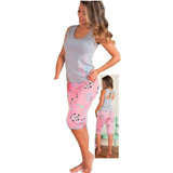 Pijama Dama Capri Lycra Camisa Manga Sisa Algodón Gris Rosa