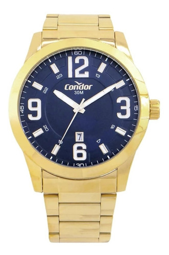 Relogio Masculino Dourado Fundo Azul Condor Copc32br/4a