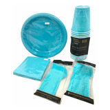 Kit Premium P 20 Desechables Azul Caribe Plato Vaso Cubierto