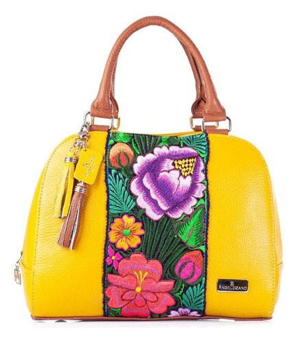 Bolso Elsa De Piel Con Telar Artesanal Zinacantán Bolsa Dama Color Amarillo Diseño De La Tela Floreado Zinacantán