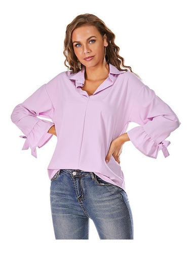 Blusas Elegantes Mujer Color Sólido Cuello En V Manga Larga