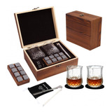 Set Wisky Dos Vasos + Rocas Hielo + Pinzas + Estuche Madera