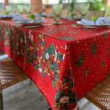 Toalha De Mesa Natal Natalina 6 Lugares Gliter Víes Dourado Cor Red Merry