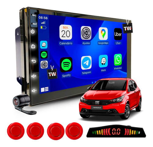 Kit Multimidia Android 2+32gb Gps Carplay + Sensor Vermelho