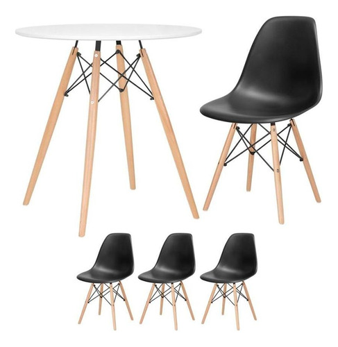 Kit Mesa Jantar Eames Wood 70 Cm 3 Cadeiras Eiffel Coloridas Tampa Mesa Branco Com Cadeiras Preto