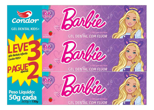 Pasta De Dentes Infantil Condor Kids+ Barbie Morango  Em Gel  Sem Glúten Pacote X 3 150 G