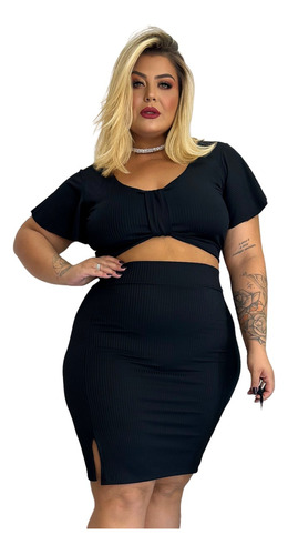 Conjunto Plus Size Feminino Saia Midi E Cropped Jovem Luxo