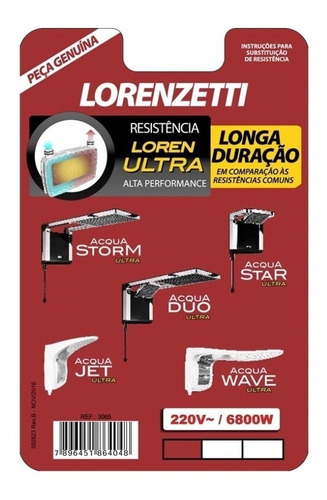 Resistência Ducha Acqua Storm Ultra 6800w X 220v Lorenzetti
