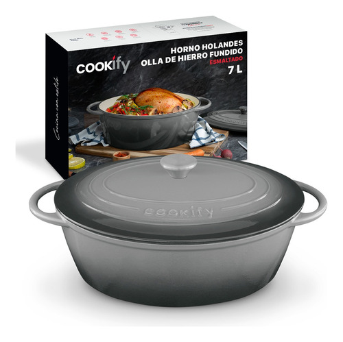 Horno Holandés Cookify 7 Lts. | Ferro-lux Series | Dutch Oven - Olla De Hierro Fundido Esmaltado Para Todas Las Estufas Y Hornos, Retención De Calor Superior. Color Gris Esmaltado