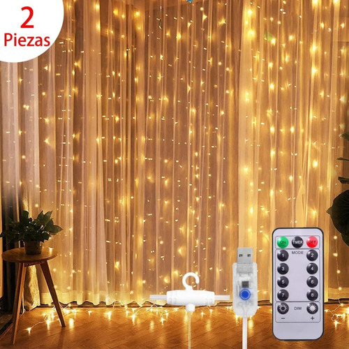 Set 2pz Cortinas De Luces Led Navidad Usb 8 Modos 3x3m