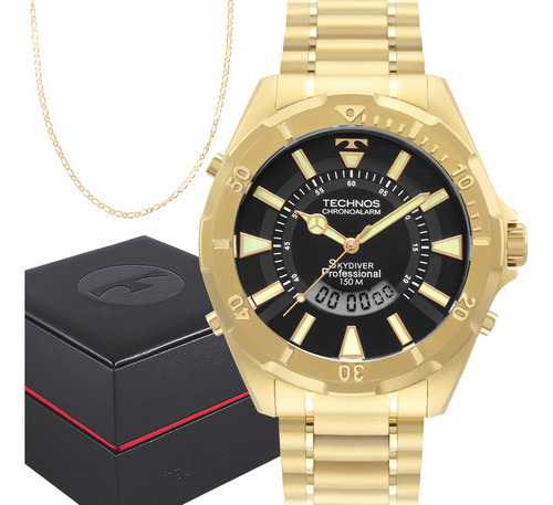 Relógio Technos Masculino Skydiver Anadigi Original Dourado