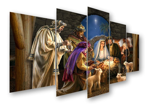 Quadro Mosaico 5 Peças Decoração Natal Presépio Menino Jesus