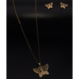 Juego De Joya Collar Aretes Mariposa Acero + Estuche Tureloj