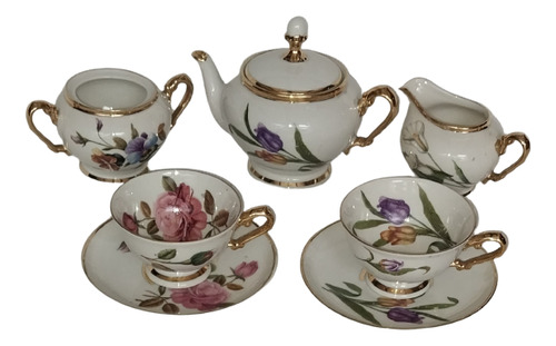 Antiguo Juego De Café Porcelana Limoges Oro Y Flores Tú Y Yo